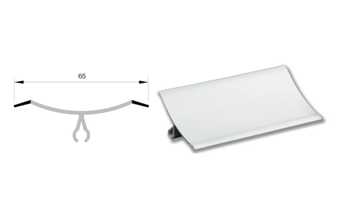 Schéma technique et photo du congé d’angle mâle ISOSELL - Largeur 65 mm, fixation par clippage