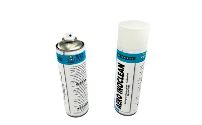 Spray nettoyant inox AERO INOCLEAN – ISOSELL – vue aérosol fermé et ouvert, spécial surfaces inox professionnelles