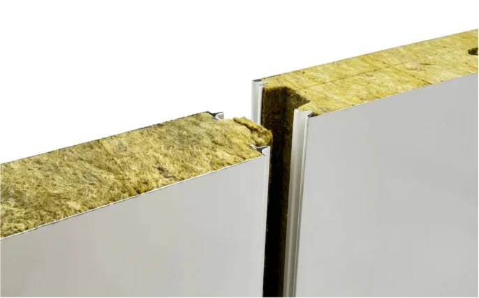 Détail du système de bouvetage mâle-femelle sur panneaux sandwich isolants Dagard avec âme laine de roche, pour installation hygiénique et résistante au feu - ISOSELL
