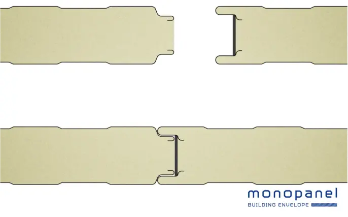 Panneau sandwich de bardage Monowall 1150 Monopanel avec système d’assemblage. Détail du bouvetage et de l’isolation PIR. Distribué par ISOSELL sur isosell-pro.com