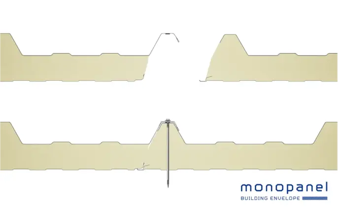 Panneaux sandwich de toiture Glamet 3.45 Monopanel – coupe technique et système de fixation – distribués par ISOSELL sur isosell-pro.com
