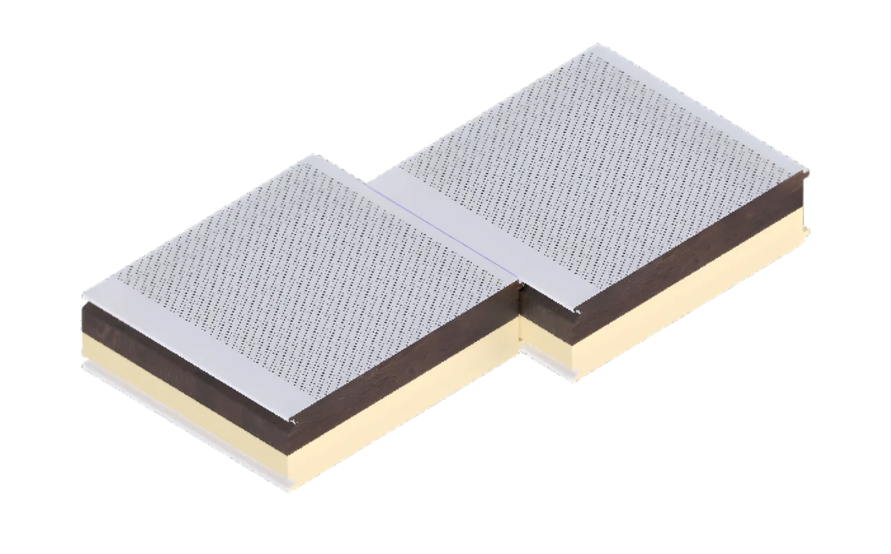 Détail de coupe du panneau DUOTEC Dagard montrant la laine de roche et le parement métallique perforé acoustique bouvetage male femelle - ISOSELL
