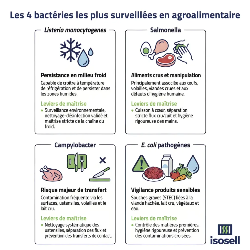 Infographie ISOSELL présentant les 4 bactéries les plus surveillées en agroalimentaire : Listeria monocytogenes, Salmonella, Campylobacter et E. coli pathogènes, avec leurs risques et principaux leviers de maîtrise.