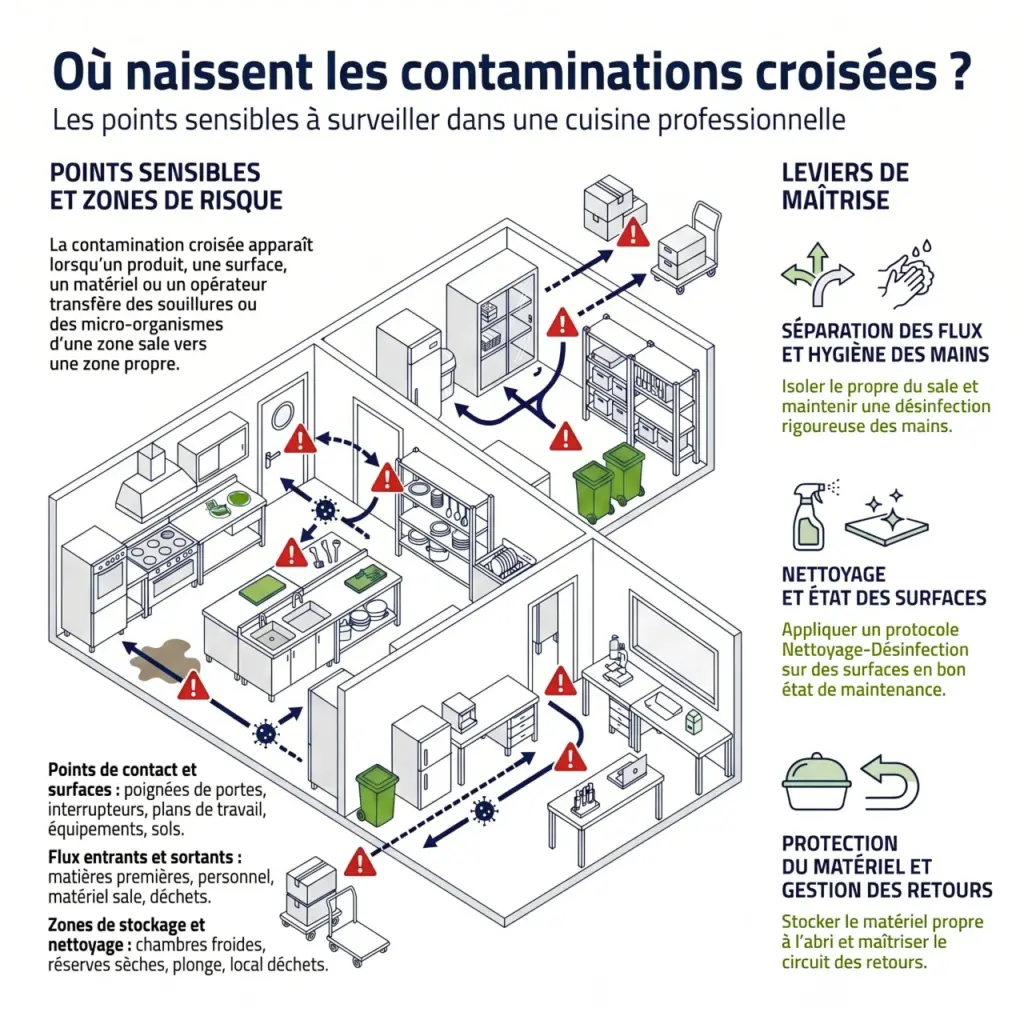 Schéma des points de contamination croisée dans une cuisine professionnelle avec zones propres, zones sales, déchets, plonge, matériel et surfaces à surveiller - ISOSELL