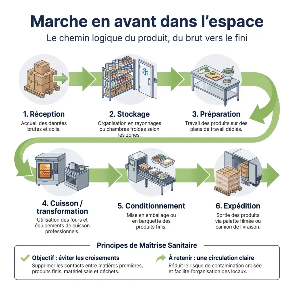 Schéma de marche en avant dans l’espace avec séparation des flux propres et sales en cuisine professionnelle - ISOSELL