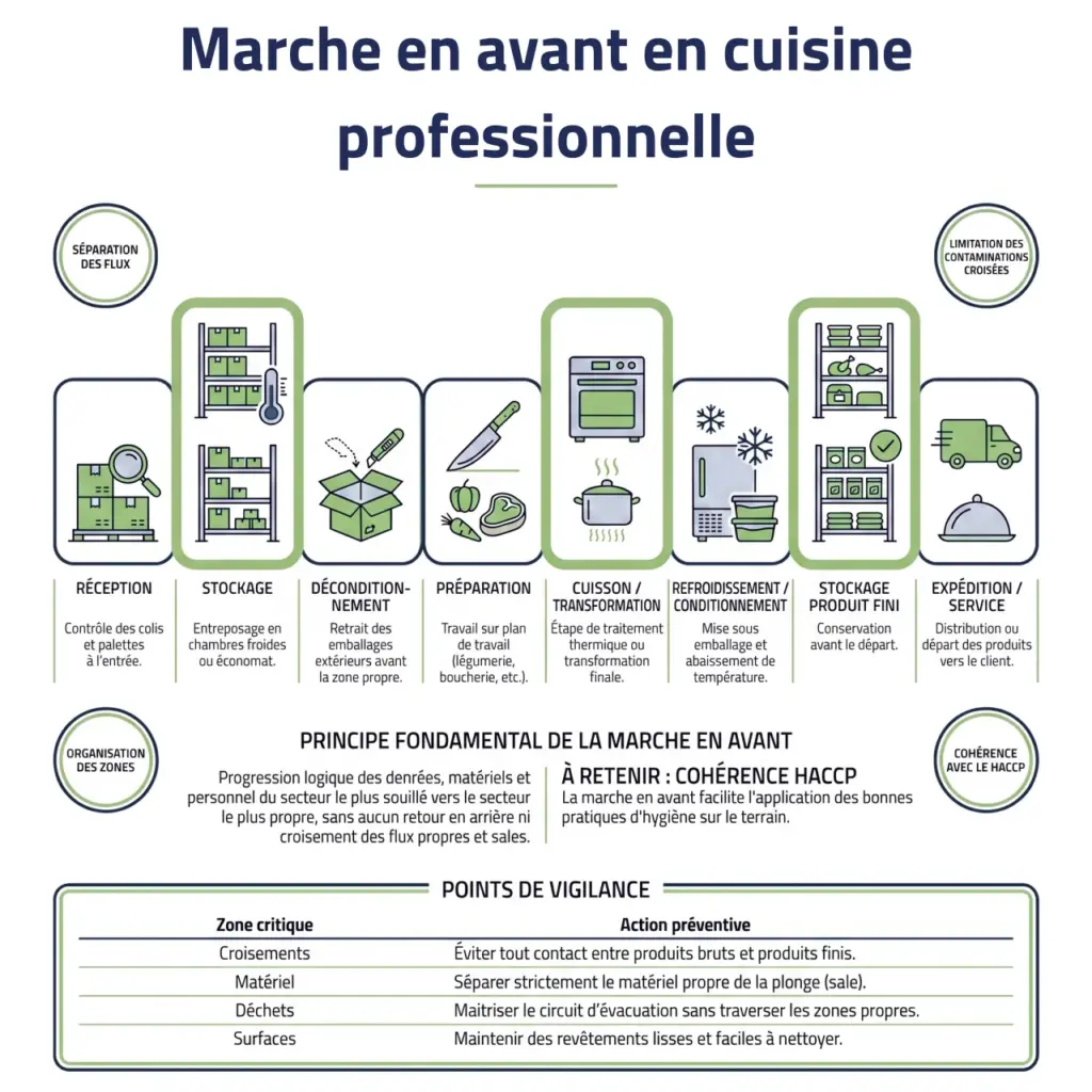 Schéma de marche en avant en cuisine professionnelle avec progression de la réception à l’expédition pour éviter les contaminations croisées - ISOSELL