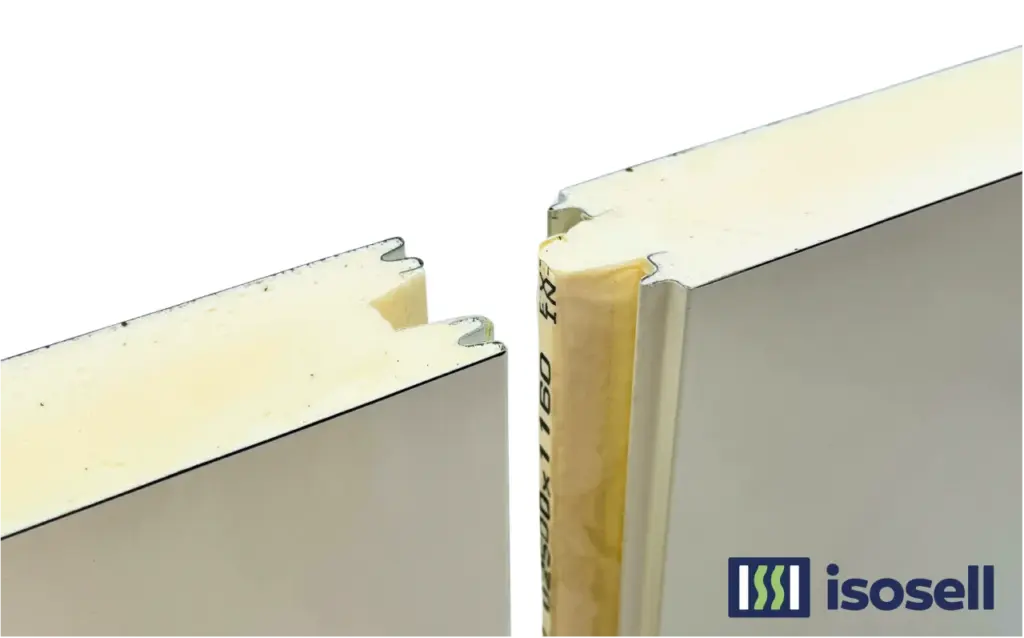 Panneau isotherme PIR Dagard LA distribué par ISOSELL avec détail d’emboîtement pour cloisons et plafonds frigorifiques